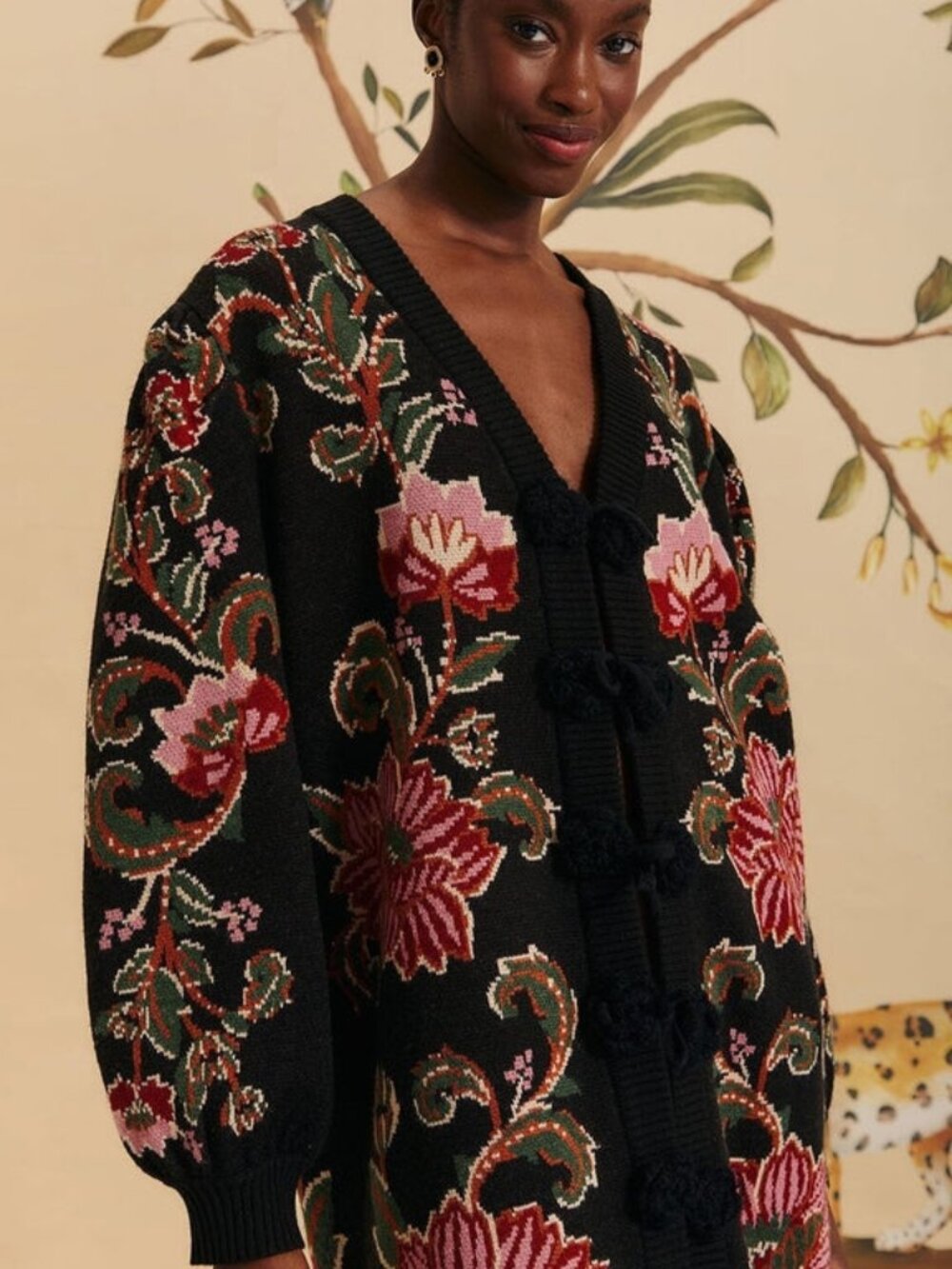 Sold FARM Rio Black Ravenala Knit Floral Midi Cardigan Puffed Sleeves Size XS - Picture 5 of 6